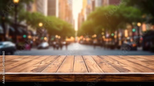 The empty wooden table top with blur background of street in downtown business district with people walking. Exuberant image. generative AI