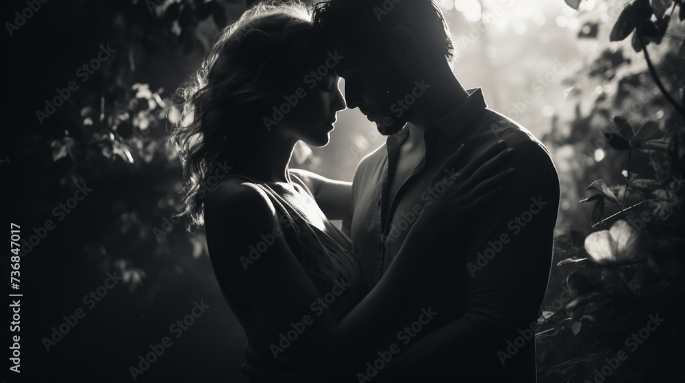 Couple in love hugging in the garden. Black and white photo