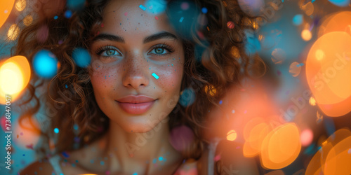 Close-up Portrait of a Confident Beautiful Woman at a Party Surrounded by Confetti and Lights