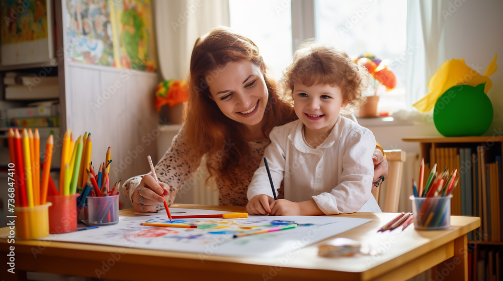 Fototapeta premium Mother and Young Son Enjoying Creative Time with Coloring Activity. Family Bonding and Early Childhood Development Concept