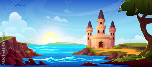 Fairytale medieval castle with stone walls, high tower, windows and gate doors standing on shore of sea or river on summer sunny day. Cartoon landscape with kingdom palace. Royal mansion with road.