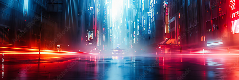 Urban Night Mystery: Dark Streets Illuminated by Neon Lights, An Abstract Concept of Modern City Life and Futuristic Design