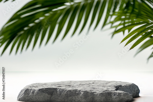 Empty Flat Stone podium tabletop platform, Blurred nature Tropical Palm Leaves with White Background, Blank showcase pedestal product display for cosmetic presentation.
