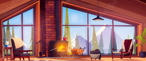 Wooden chalet interior with fireplace. Vector cartoon illustration of cat sleeping in warm living room, vintage armchairs near fire, book on table, winter mountain and fir tree forest view in window