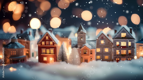 Miniature christmas town snow and bokeh. Festive banner wallpaper concept for the holidays