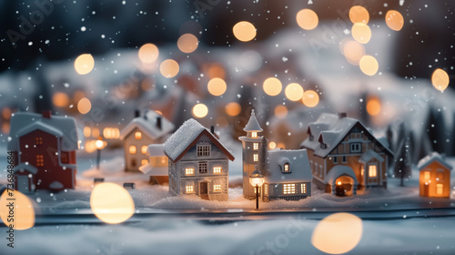Miniature christmas town snow and bokeh. Festive banner wallpaper concept for the holidays