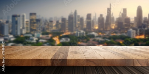 The empty wooden table top with blur background of business district and office building in autumn. Exuberant image. generative ai © Summit Art Creations