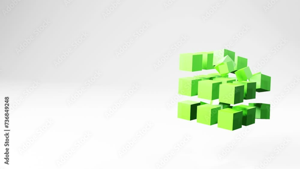 Cube green shape construction in light space, abstract animation motion graphics, video geometric 3d background with copyspace, color geometrical shape made of flying pieces Cube green shape construction in light space, abstract animation motion graphics, video geometric 3d background with copyspace, color geometrical shape made of flying pieces