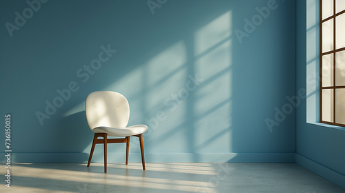 窓から差し込む光に照らされた青い壁と白い椅子 photo