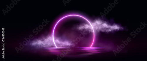 Neon circle frame on dark water background. Vector realistic illustration of purple ring shining in clouds and mist, reflection glowing on rippled surface, nightclub party, music show design backdrop