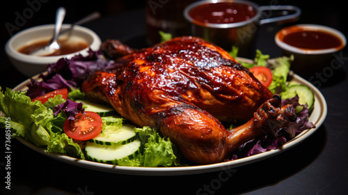 Half of smoked chicken with barbecue sauce served.