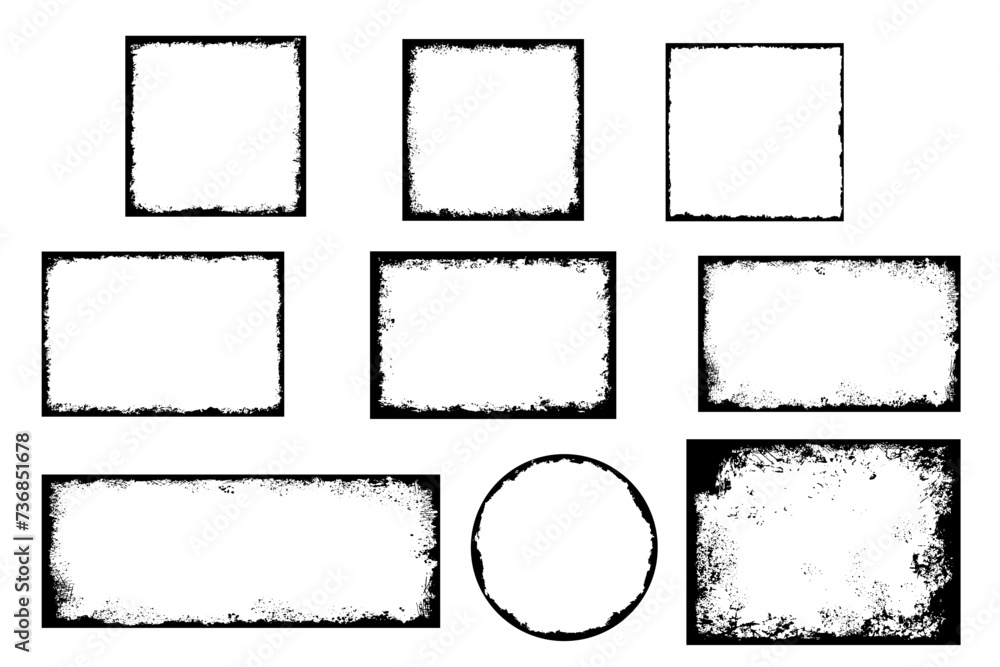 Grunge distressed round set, square and rectangle frame bundle. Ink empty black border. Vector illustration set isolated on white background.