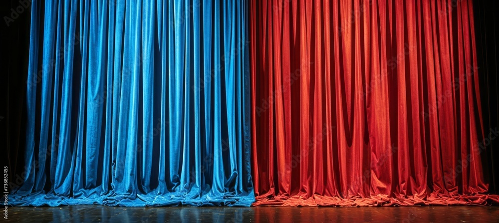 Stage theater curtain. Red and blue colors. Symbolizes the America presidential election democracy choice. Generative AI technology. - obrazy, fototapety, plakaty 