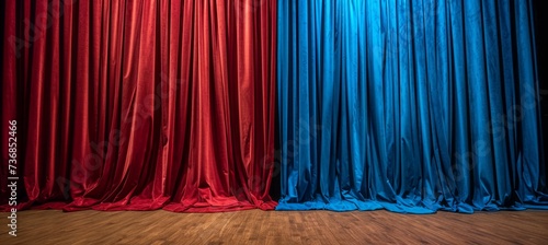 Stage curtain. Red and blue colors. Symbolizes the presidential election democracy choice. Generative AI technology.