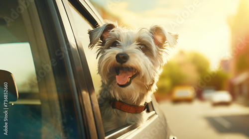 Head of happy lap dog looking out of car window.