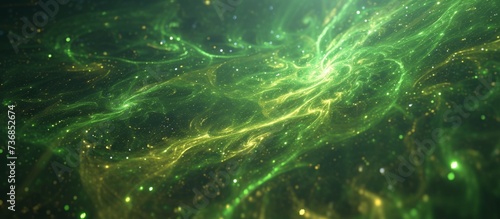 a green and yellow glowing background with a galaxy in the background . High quality