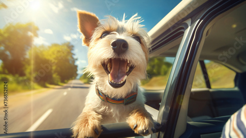 Head of happy lap dog looking out of car window.