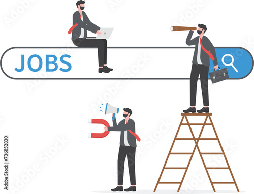 Job search ,Businessman climb up ladder of job search bar with Hold binoculars to see job opportunities, employment. seek for vacancy or work position concept

