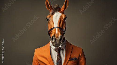 Head of horse put on human body in classic brown.