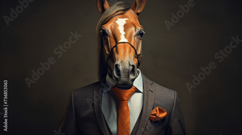 Head of horse put on human body in classic brown.