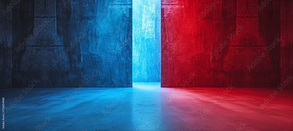 Political colored wall room interior. Red and blue colors. Symbolizes the presidential election democracy choice. Generative AI technology. - obrazy, fototapety, plakaty 