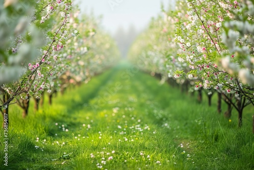 Magnificent blossoming of fruit trees in the spring garden. The concept for the development of horticultural farms, small businesses, growing non-GMO products. Еmpty space for text.

 photo