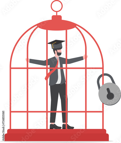 Student loan debt, money trap that graduated have to payback huge amount of money, expensive cost for education concept, depressed confused new graduated student in birdcage with graduation cap.

