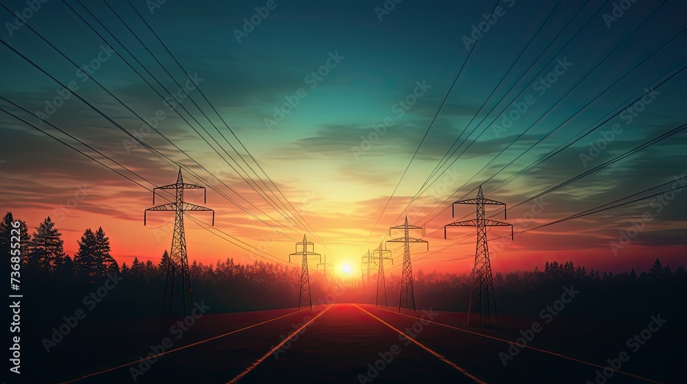 the sun is setting behind a couple of power lines, in the style of light maroon and light green, free-flowing lines, dark blue and yellow, tenwave, uhd image, non-representational, post processing the sun is setting behind a couple of power lines, in the style of light maroon and light green, free-flowing lines, dark blue and yellow, tenwave, uhd image, non-representational, post processing
