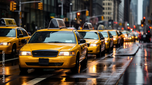 Traffic jam of Many modern yellow taxi cars on city roads in rainy weather. © liliyabatyrova