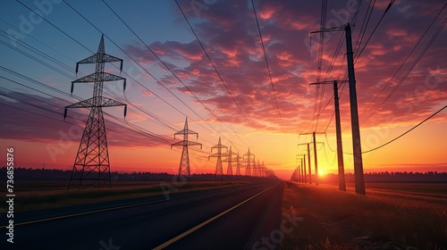 the sun is setting behind a couple of power lines, in the style of light maroon and light green, free-flowing lines, dark blue and yellow, tenwave, uhd image, non-representational, post processing photo