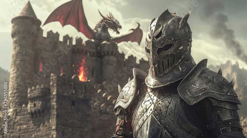 A daring knight wearing medievalinspired armor and a fierce dragon mask ready for battle. In the background a medieval castle with dramatic stone walls and a fiery dragon photo