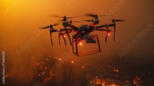 Combat drone flies along city street against backdrop of residential buildings burning with bright flames and saving people from fire ai generative pro photo