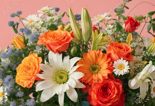 Still life with flowers in a vase. Roses  Chamomiles  Lilies. Gerberas  Asters. Valentine s Day. March 8. Mothers Day. Happy Thanksgiving. . Postcard