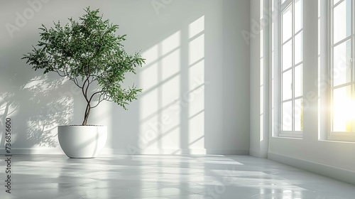 Minimalist white room without furniture with potted plants and sunlight screaming in from the window. Architectural design background.