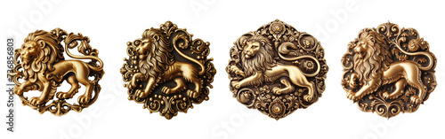 4 Old fashioned lion brooch made of gold with intricate design set against a transparent background