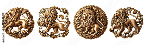 4 Old fashioned lion brooch made of gold with intricate design set against a transparent background