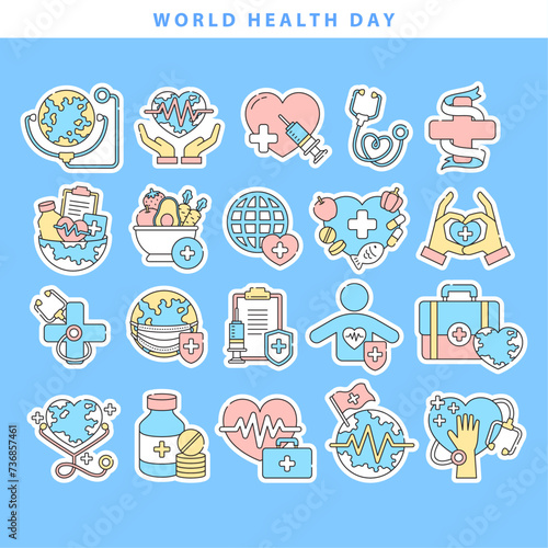 World health day sticker icon collection in cute flat design stylle photo