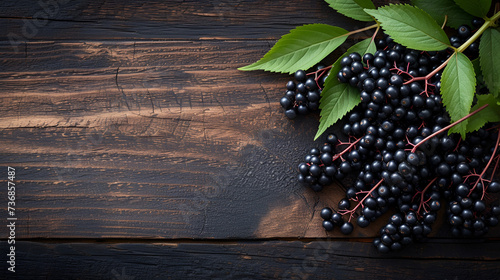 Bunch of fresh elderberry on old wooden background copy space, generative ai photo