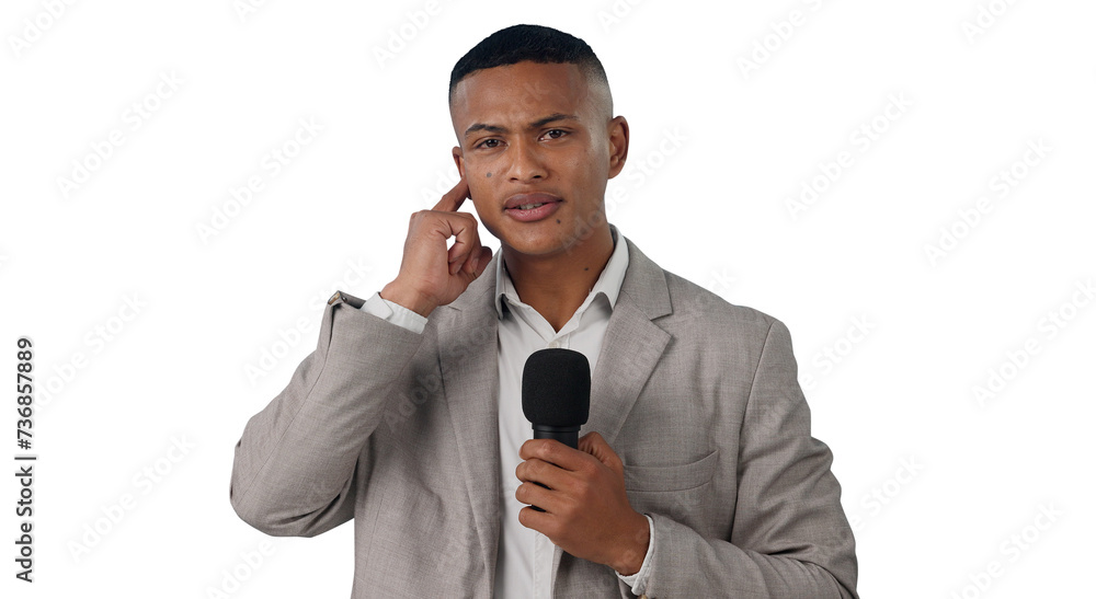 Man, reporter and portrait with microphone for news, information and ...