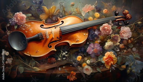a violin is surrounded by flowers