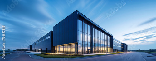 A modern R&D or logistics facility building. Glass hall.  photo