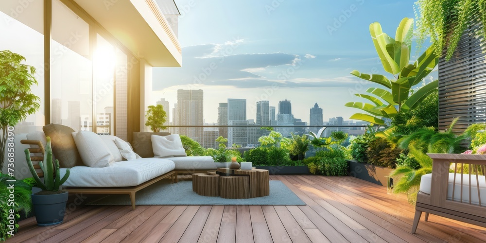 A Heat Pump at Modern and Stylish Balcony Overlooking the Bustling City Skyline, with Comfortable Lounge Furniture and Lush Greenery, Inviting Relaxation Amidst the Sky Scrapers, Generative AI - obrazy, fototapety, plakaty 