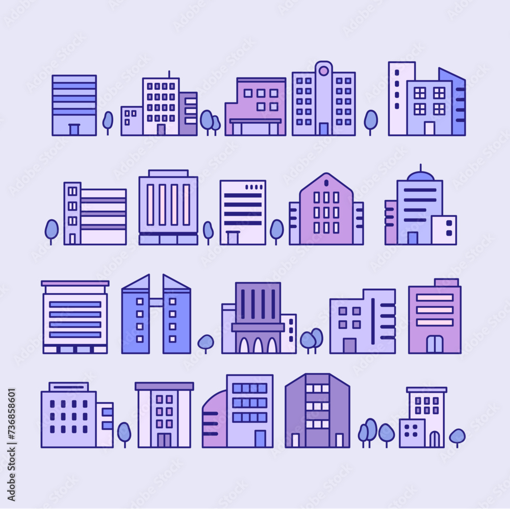 small sized building icon set. flat vector illustration. 
