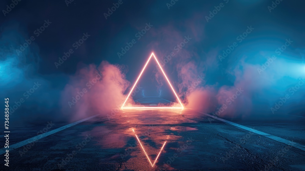 Background of empty street at night, neon light, asphalt, concrete, smoke, smog. Abstract light element in the center, light triangle.