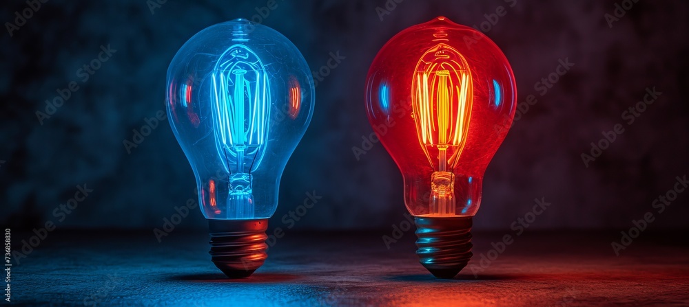 Glow two blue and red lightbulbs. Symbolizes the presidential election democracy choice. Generative AI technology. - obrazy, fototapety, plakaty 