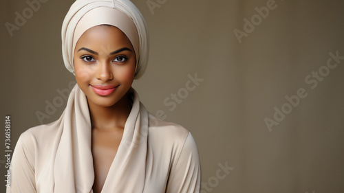 Elegant Confidence: Portrait of a Woman in a Beige Headscarf
