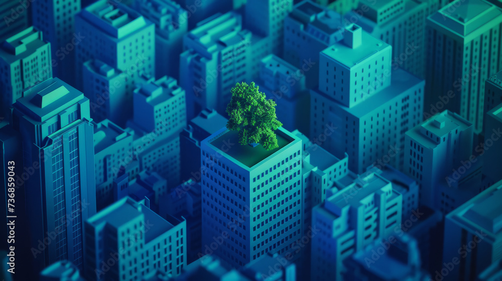Illustration of a blue modern city full of buildings with green trees in the middle on top of building , city green spaces or revegetation concept