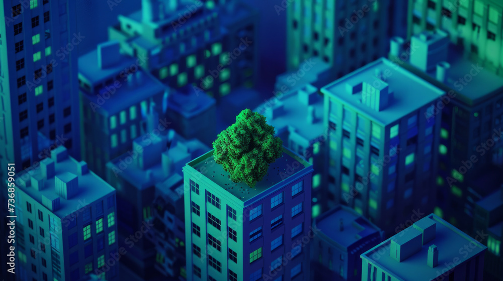 Illustration of a blue modern city full of buildings with green trees in the middle on top of building , city green spaces or revegetation concept