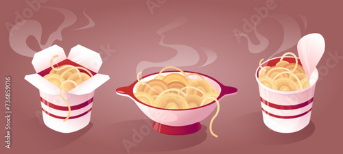 Hot ready to eat noodle in red bowl, paper box and plastic cup with steam. Cartoon vector illustration set of asian food for lunch in dish and takeaway package. Traditional delicious oriental meal. © klyaksun