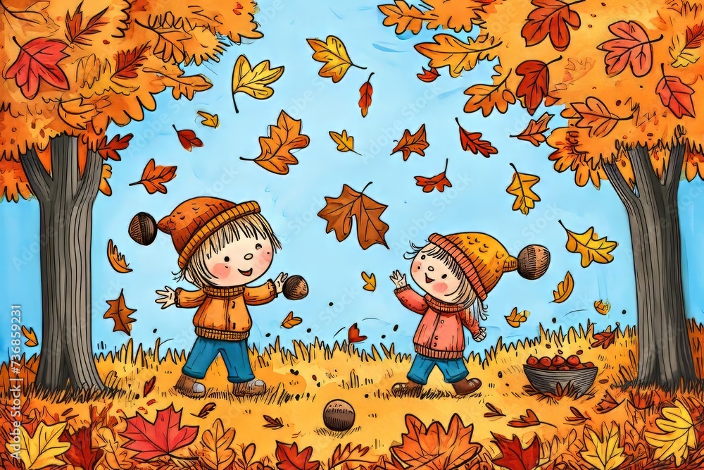 Fototapeta premium Cartoon cute doodles of a fall harvest festival, with characters picking apples, carving pumpkins, and enjoying fall treats, Generative AI